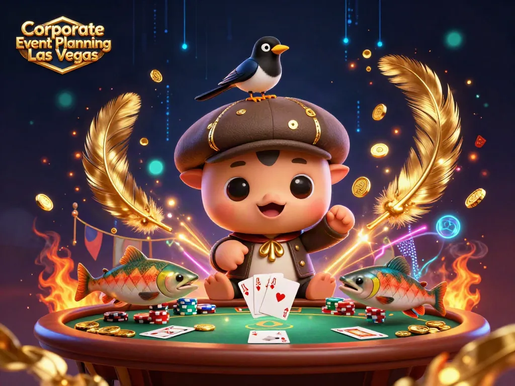 Engage in Corporate Event Planning Las Vegas with an exciting poker theme featuring animated characters and dynamic casino elements.