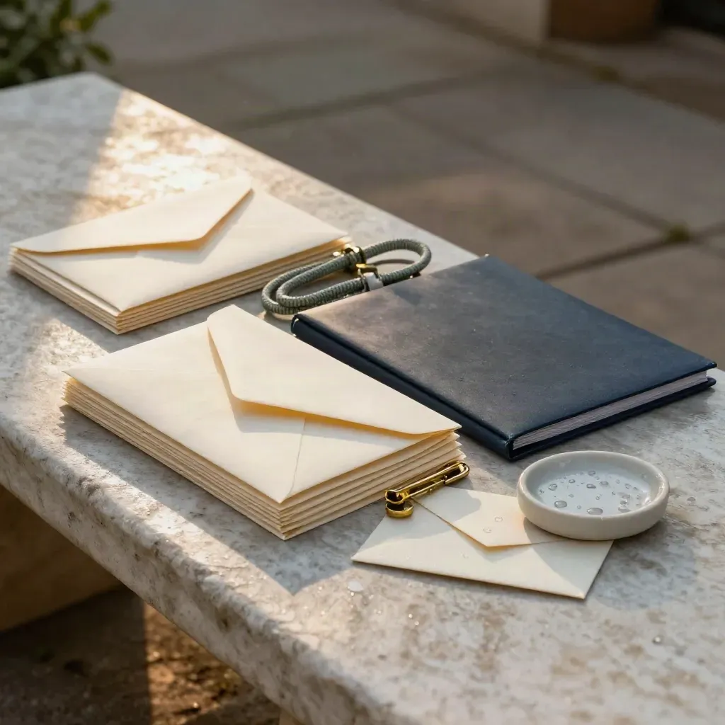 Rain-wet stone bench with envelopes, cards, clips and a folder in dramatic sunset light.