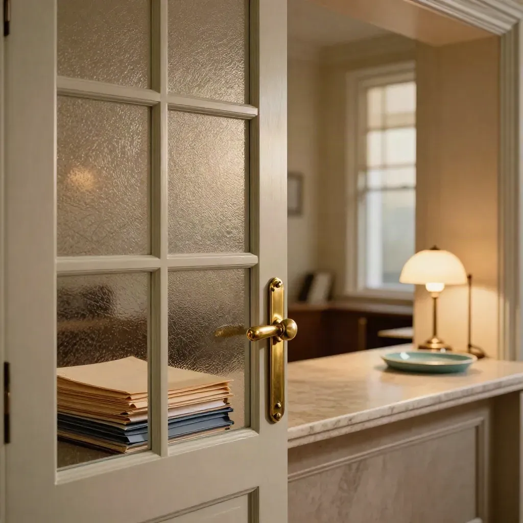 Frosted-glass law office entry with brass handle, folders, and a glowing lamp in a calm lobby.