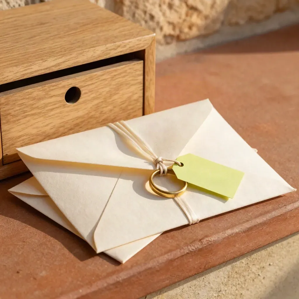 Linked proposal packets and brass rings on a terracotta ledge in warm window light.