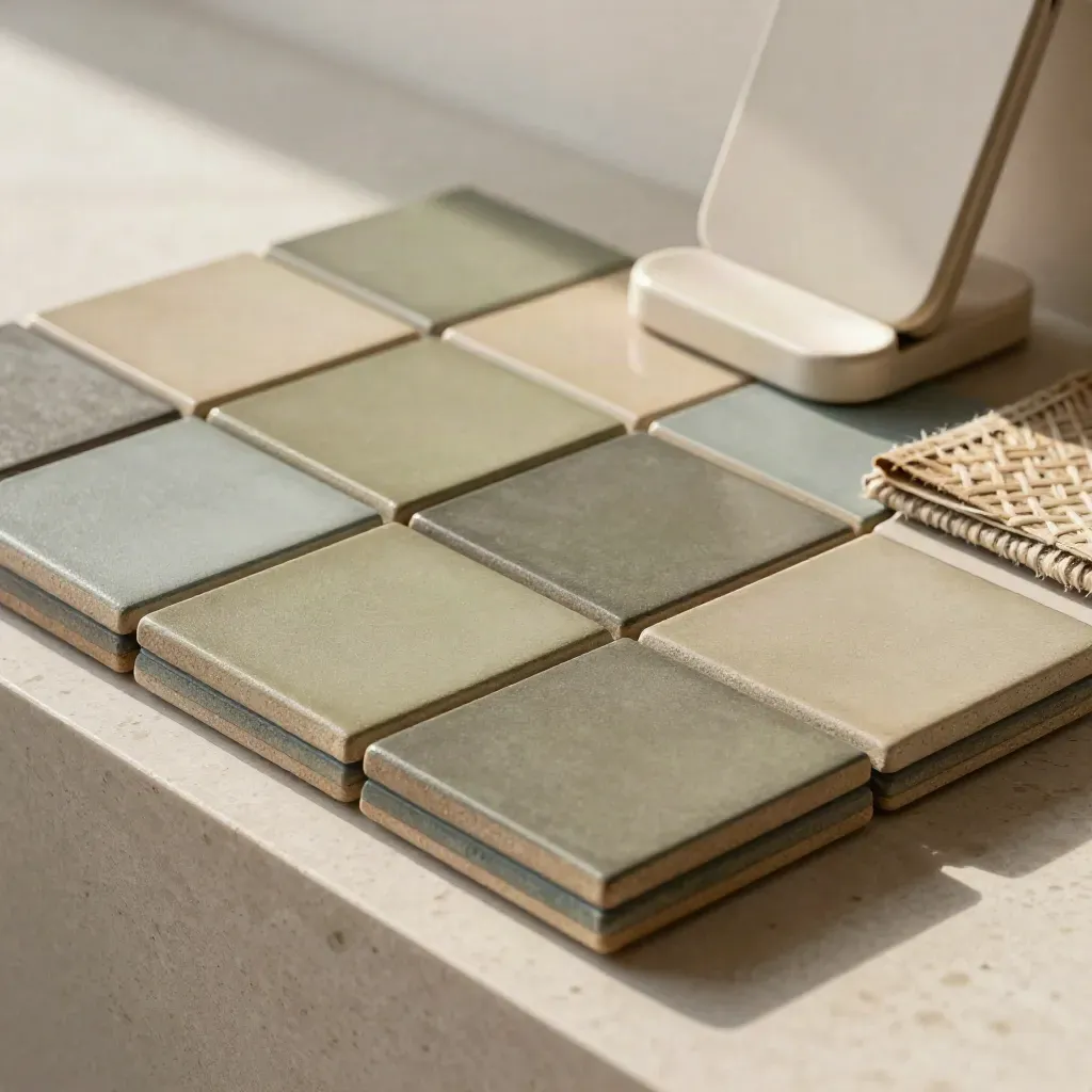 Macro of social content materials: matte tiles, color chips, ceramic stand and woven sleeve.