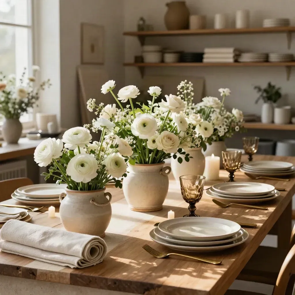 Sunlit event studio with floral buckets, linen rolls, and ready place settings in warm neutral tones