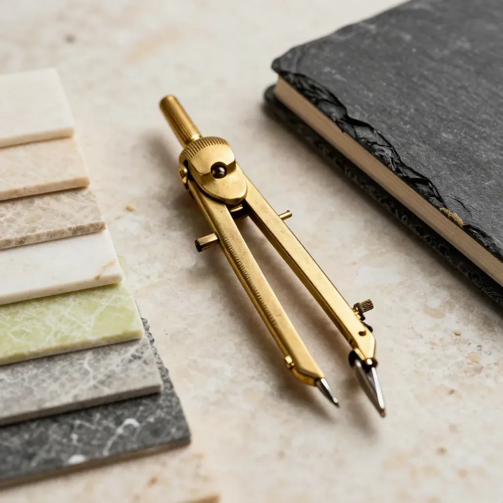 Macro brass compass, swatch chips, slate sample and closed notebook on travertine.