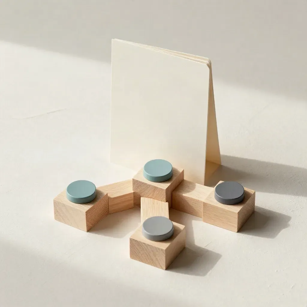 Top-down still life of blank modular cards, wooden blocks and teal markers on a pale plaster sweep.