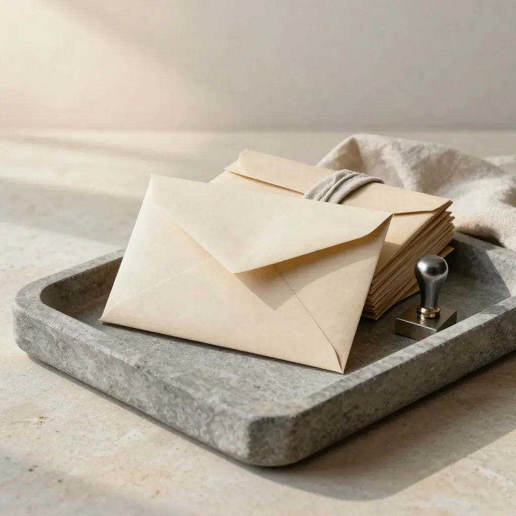 Stone mail tray with sealed envelopes, linen band, and metal stamp block in soft side light.