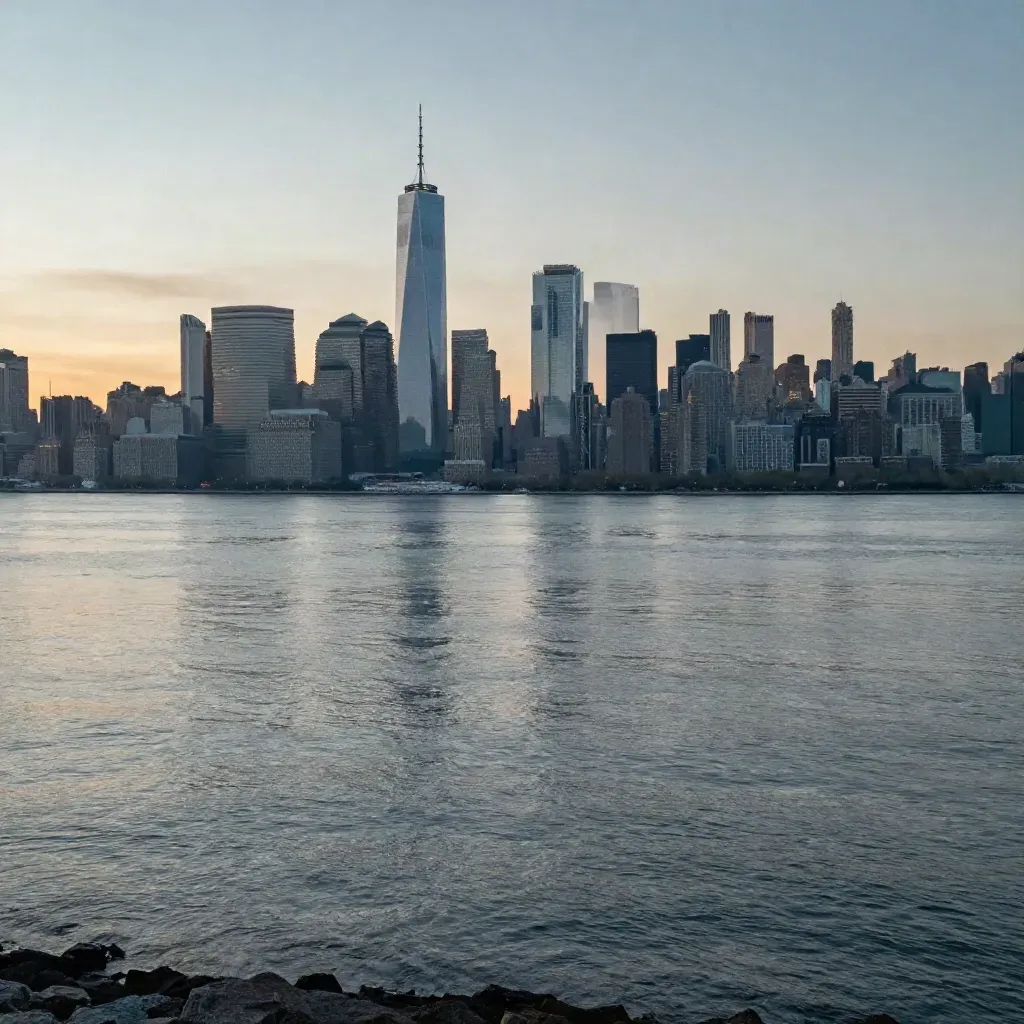 Blue-hour New York skyline over calm misty river, skyline high and water open below.